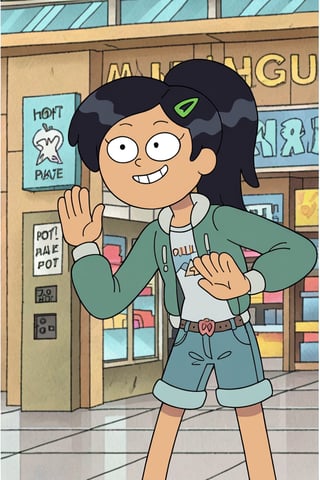 Marcy Wu, black hair, ponytail, green hairclip, smiling, open short denim jacket, denim shorts, mall, hot pose, green, long ponytail
