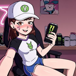 score_9, score_8_up, score_7_up, 1 girl, Amity Blight, 1girl, solo, d.va \(overwatch\), gaming chair, dolphin shorts, white headwear, hat, indoors, neon lights, glowing, shirt, selfie, monster energy, sitting, depth of field, full face blush, looking at viewer, cartoon,