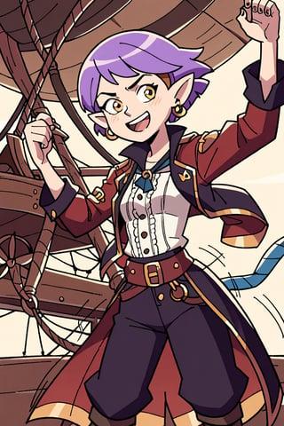 score_9, score_8_up, score_7_up, 1 teen girl, Amity Blight, short purple hair, pointy ears, small breast, yellow eyes, pirate outfit, pirate ship, motion lines, cartoon,