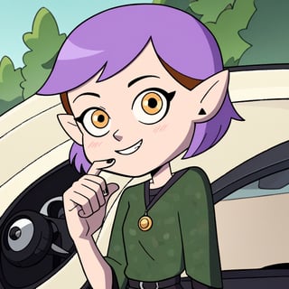 score_9, score_8_up, score_7_up, 1 teen girl, Amity Blight, short purple hair, pointy ears, black eyeliner, black make-up, green military camuflage outfit, yellow eyes, cute face expression,, sitting on a sport car, looking at viewer, cartoon,