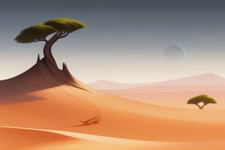 A desert planet with towering sand dunes and a single, solitary tree, inhabited by a nomadic alien tribe.