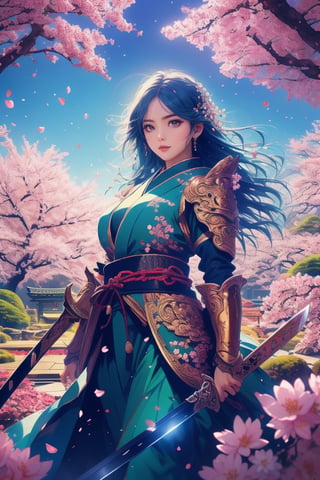 A majestic swordswoman, adorned in elegant armor with intricate details, holds a gleaming katana against the serene backdrop of a Japanese garden in full bloom. Cherry blossoms dance in the soft, natural light as she stands confidently, her determined expression illuminated by the warm glow. The Sigma 50mm f/1.4 DG HSM Art Lens captures every delicate petal and fine detail of her sword and armor, set against the tranquil atmosphere, rendered in stunning 8K resolution with a medium shot composition.