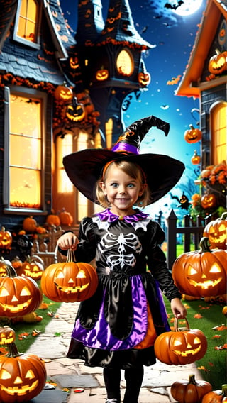 "Generate an astonishing 64K image capturing the essence of Halloween with a costumed child immersed in the activity of trick-or-treating. The scene should be set in a suburban neighborhood with HDR-enhanced lighting, adding layers of realism to the image. The child's costume should be highly detailed, and the surroundings should exude a festive Halloween atmosphere. Utilize Unreal Engine 5 for maximum realism. Ensure that the image showcases the intricate details of the child's costume, the neighborhood, and the vivid atmosphere."