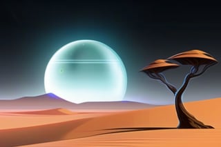 A desert planet with towering sand dunes and a single, solitary tree, inhabited by a nomadic alien tribe.