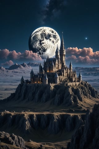 A majestic, ancient castle rises from the moon's surface, bathed in the soft, distant glow of the Earth. The medieval Gothic and futuristic architecture blend seamlessly, with towering spires and intricate stonework. Craters and rocky textures dominate the lunar landscape below, while a deep, starry expanse stretches above, the Milky Way shining brightly. In a medium shot, the Nikon D850 captures the full grandeur of the castle, set against the vastness of the lunar terrain.