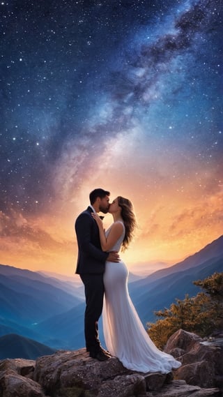 "Create a mesmerizing image of a man and a woman sharing a romantic kiss beneath a celestial canopy of stars on a mountain's summit. The focus should be on capturing the emotion and connection between the two individuals, while also emphasizing the enchanting starlit background and the mountain's details. Aim for photorealistic quality, using a high-resolution setting to showcase intricate facial expressions and the heavenly night sky."