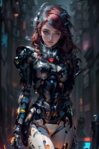 cgmech, beautiful eyes, upper body, underboob,  portrait, robot, armor, Hatsune Miku, neon light, 8K, RAW, best quality, red hair ,masterpiece, ultra high res, colorful, (medium wide shot), (dynamic perspective), sharp focus , (depth of field, bokeh:1.3), extremely detailed eyes and face, beautiful , perfect hands, detailed eyes, large breasts, (black gold, trimmed gear:1.2), (on a fururistic battlefield:1.2), ((masterpiece, best quality)), Detailed background, space exterior  ,,cyberpunk robot,mecha 🤖