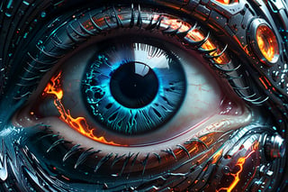 A mesmerizingly luminescent eye, like liquid fire flowing through glowing veins, is depicted in hyperreal detail in this fantasy and sci-fi-inspired image. Utilizing ray tracing and hyper-realistic techniques, the octane render captures a close-up view that feels almost tangible, akin to macro photography. The fiery intensity of the eye is intensified by the intricate detail, creating a visually stunning and immersive experience that transports viewers to a fantastical realm.,glitter,crystalz,DonM3l3m3nt4lXL,Disney pixar style,Cyberpunk,LegendDarkFantasy,SteelHeartQuiron character, 3D SINGLE TEXT