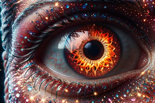 A mesmerizingly luminescent eye, like liquid fire flowing through glowing veins, is depicted in hyperreal detail in this fantasy and sci-fi-inspired image. Utilizing ray tracing and hyper-realistic techniques, the octane render captures a close-up view that feels almost tangible, akin to macro photography. The fiery intensity of the eye is intensified by the intricate detail, creating a visually stunning and immersive experience that transports viewers to a fantastical realm.,glitter,crystalz