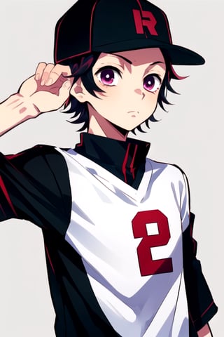 masterpiece, best quality, 1boy, male focus, baseball cap, closed mouth, hat, looking at viewer, shirt, short hair, solo, upper body ,mika pikazo, kamado_tanjirou