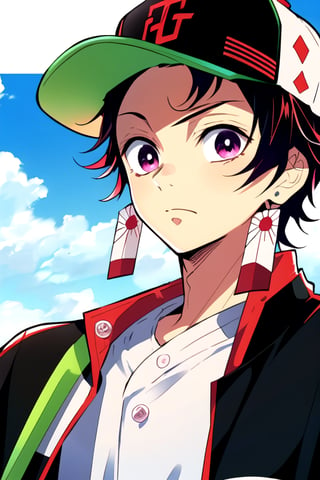 masterpiece, best quality, 1boy, male focus, baseball cap, closed mouth, hat, looking at viewer, shirt, short hair, solo, upper body ,mika pikazo, kamado_tanjirou