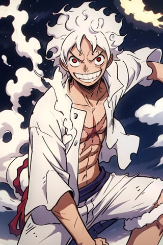 gear fifth, wanostyle, monkey d. luffy, 1boy,alternate form, fighting type style,burn scar, smile, teeth, curly eyebrows, thick eyebrows, white fir,fur trim, looking at viewer, male focus, medium hair, night, open clothes, open shirt, outdoors, pectorals, scar on chest, scar on face, shorts, solo, steam, sanpaku, stomach, toned, toned male, white clothes,white hair, red eyes,  (masterpiece), High resolution, High quality,4k ,4k resolution , anime style, anime version, similar to anime series (one piece)