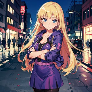 1girl, solo, masterpiece, best quality, ultra detailed, pacifica northwest, anime, sexy, very long hair, straight hair, blunt bangs, pantyhose, hoop earing, blue eyes, ((short pink dress)), ((cropped purple jacket)), purple belt, blonde hair, disdain, wide hips, hime cut, street background, volumous hair, no sidelocks, pov, pov_eye_contact, crossed arms