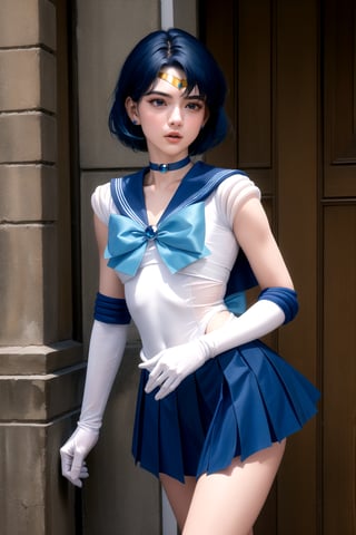 masterpiece, best quality, highres, mer1, tiara, sailor senshi uniform, short blue skirt, blue sailor collar, tiara, bow, knee boots, choker, white gloves, blue choker, elbow gloves, jewelry, earrings, short pleated skirt, mercury_v2:0.7, outside, cowboy shot, skinny, long legs