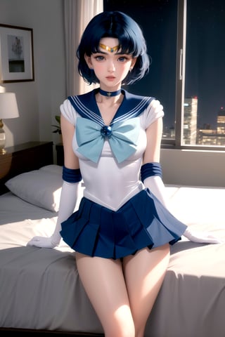 masterpiece, best quality, highres, mer1, tiara, sailor senshi uniform, short blue skirt, blue sailor collar, tiara, bow, knee boots, choker, white gloves, blue choker, elbow gloves, jewelry, earrings, short pleated skirt, mercury_v2:0.7, night, bedroom, cowboy shot, skinny, long legs