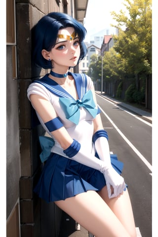 masterpiece, best quality, highres, mer1, tiara, sailor senshi uniform, very short skirt, blue sailor collar, tiara, bow, knee boots, choker, white gloves, blue choker, elbow gloves, jewelry, earrings, mercury_v2:0.7, outside, cowboy shot, skinny, long legs, knees