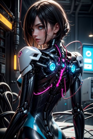 1mechanical girl,((ultra realistic details)), perfect face, perfect eyes, perfect hands, portrait, global illumination, shadows, octane render, 8k, ultra sharp,metal,intricate, ornaments detailed, cold colors, egypician detail, highly intricate details, realistic light, trending on cgsociety, glowing eyes, facing camera, neon details, machanical limbs,blood vessels connected to tubes,mechanical vertebra attaching to back,mechanical cervial attaching to neck,sitting,wires and cables connecting to head, ,bodysuit,nodf_lora,Mecha body