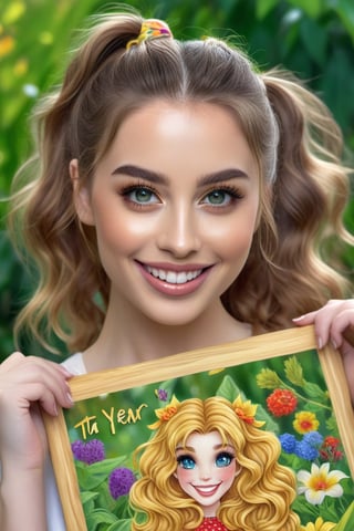 A wavy hair top scrunchie girl in a garden, smiling, holding a golden board with text "TA!YEAR" text,illustration,ultra-detailed,realistic,vivid colors,hdr,sharp focus,studio lighting,beautiful detailed eyes,beautiful detailed lips,longeyelashes,medium