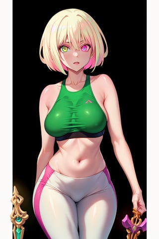 adult, medium boobs, standing, white background, leggings, sport bra, thin body,nishikigi chisato, short hair, blonde hair with light shades of pink, toned thighs,short hair,bangs, ,blonde hair, heterochromia (right eye with Alexandria syndrome and emerald green left eye),FFIXBG,sword