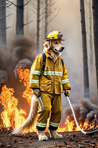Creates the hyperrealistic and compelling, raw-style image of an anthropomorphic Golden Retriever dog, dressed in a fireman’s suit, putting out a forest fire, ((carries a high-pressure fire hose between his hands,)) is in a burning forest putting out the fire, several animals, skunks, and deer leave the forest running from the flames, classic dark background of an ecological poster