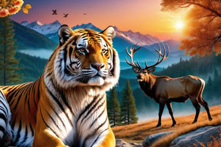 (masterpiece:1.2, highest quality), (realistic, photo_realistic:1.9), ((Photoshoot))
a big Siberian Tiger and a big male elk behind the lion, walking, birds on the sky, (detailed background), (gradients), detailed colorful landscape, key visual, glowing skin.
beautiful and forest, snowing, stunning trees and flowers, stunning sunset. Medium shot. action camera. Portrait film. standard lens Golden hour lighting.
8k, UHD, high quality, frowning, intricate detailed, highly detailed, hyper-realistic,(Circle:1.4)