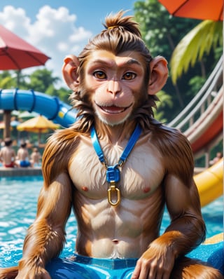 artwork (Highest Quality, 4k, masterpiece, Amazing Details:1.1), (( Anthro furry male monkey)) realistic fur, detailed fur texture, enjoying in a water park. deep eyes, vacation clothes, Shallow depth of field, E671, 50 mm f/2.0 lens, thin eyebrows, ((photorealistic) (RAW Photo)), smile sitting, key visual , vibrant, studio anime, highly detailed,