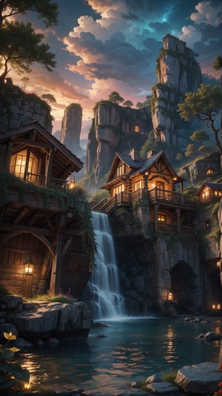 Incorporate the style of Bec Winnel into a high-resolution, 8K image featuring a low-angle view at sunset. The scene depicts a luxurious man's cave cabin adorned with detailed limestone, nestled on a rocky beach with a fountain park and enchanted floral background. The setting exudes a mystical glow, with an intricate, luminous, and vivid light-ray effect, creating an ethereal fantasy concept art. The oasis surrounding the cabin is meticulously detailed, showcasing a blend of natural elements and artistic glowing features. The overall composition should be magnificent, celestial, and majestic, evoking a sense of magic and wonder. Embrace a painterly approach to capture the essence of a dreamy, epic landscape inspired by the works of Andre Kohn. The image should serve as a cover art piece, transporting viewers to a realm of fantasy and enchantment. Colorful, Super realistic photographic cinematic image 8K ULTRA HD HDR, magical photography, super detailed, (ultra detailed), (top quality, best quality, super high quality image, masterpiece), dramatic lighting, 8k, UHD, intricate detail, (gradients), comprehensive cinematic, colorful, visual key, highly detailed, extreme detailed, hyper-realistic, (very detailed background, detailed landscape), delicate details, raw image, dslr, 