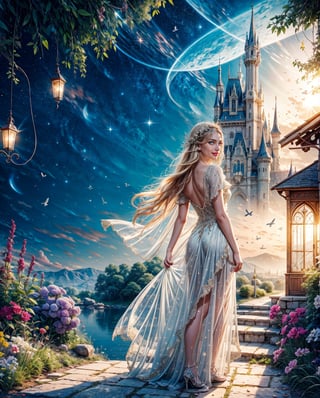 1girl, painter girl, drawing a castle in a painting, ((beautiful girl painting a magical castle on a canvas with a small brush)), simple dress, little fairies, fireflies, night, stars, bright full moon, magical forest background, full body,  Super realistic photographic cinematic image 8K ULTRA HD HDR, magical photography, super detailed, (ultra detailed), (best quality, super high quality image, masterpiece), (very detailed background, detailed landscape), delicate details, raw image, medium plane,