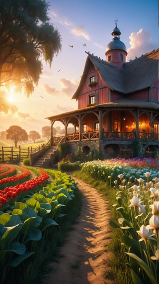 Incorporates the Bec Winnel style in a high resolution image and 8K with a low angle view at sunset. The scene represents the luxurious farm of a man adorned with detailed wood, with farm animals. The environment exudes a mystical brightness, with an intricate, bright and vivid effect of light rays, creating a conceptual art of ethereal fantasy. The farm is meticulously detailed, which shows a mixture of natural elements and artistic bright characteristics. The general composition must be magnificent, celestial and majestic, evoking a feeling of magic and astonishment. Embrace a pictorial approach to capture the essence of an epic dreamy landscape inspired by Andre Kohn's works. The image should serve as a cover piece, transporting spectators to a fantasy and enchantment kingdom. Colorful and super realistic photographic cinematographic image 8K ultra HD HDR, magical photography, super detailed, (ultra detailed) (high quality, better quality, image of super high quality, masterpiece), dramatic lighting, 8k, uhd, intricate detail, (Gradients (gradients), integral cinematics, colorful, visual key, highly detailed, extreme detailed, hyperrealist, (very detailed background, detailed landscape), delicate details, raw image, DSLR, science fiction, Leonardo, Leonardo