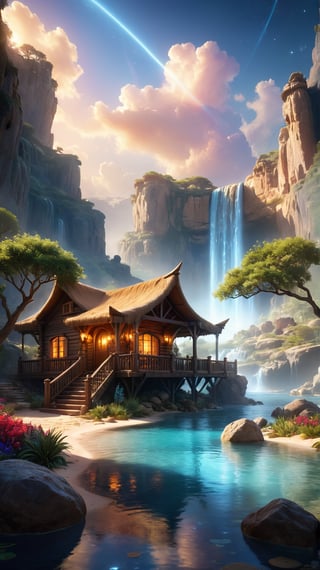 Incorporate the style of Bec Winnel into a high-resolution, 8K image featuring a low-angle view at sunset. The scene depicts a luxurious man's cave cabin adorned with detailed limestone, nestled on a rocky beach with a fountain park and enchanted floral background. The setting exudes a mystical glow, with an intricate, luminous, and vivid light-ray effect, creating an ethereal fantasy concept art. The oasis surrounding the cabin is meticulously detailed, showcasing a blend of natural elements and artistic glowing features. The overall composition should be magnificent, celestial, and majestic, evoking a sense of magic and wonder. Embrace a painterly approach to capture the essence of a dreamy, epic landscape inspired by the works of Andre Kohn. The image should serve as a cover art piece, transporting viewers to a realm of fantasy and enchantment. Colorful, Super realistic photographic cinematic image 8K ULTRA HD HDR, magical photography, super detailed, (ultra detailed), (top quality, best quality, super high quality image, masterpiece), dramatic lighting, 8k, UHD, intricate detail, (gradients), comprehensive cinematic, colorful, visual key, highly detailed, extreme detailed, hyper-realistic, (very detailed background, detailed landscape), delicate details, raw image, dslr, ,Science fiction ,leonardo