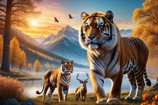 (masterpiece:1.2, highest quality), (realistic, photo_realistic:1.9), ((Photoshoot))
a big Siberian Tiger and a big male elk behind the lion, walking, birds on the sky, (detailed background), (gradients), detailed colorful landscape, key visual, glowing skin.
beautiful and forest, snowing, stunning trees and flowers, stunning sunset. Medium shot. action camera. Portrait film. standard lens Golden hour lighting.
8k, UHD, high quality, frowning, intricate detailed, highly detailed, hyper-realistic,(Circle:1.4),Movie Still