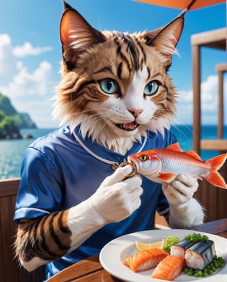 artwork (Highest Quality, 4k, masterpiece, Amazing Details:1.1), (( Anthro furry male cat)) realistic fur, detailed fur texture, enjoying eating a fish. deep eyes, vacation clothes, Shallow depth of field, E671, 50 mm f/2.0 lens, thin eyebrows, ((photorealistic) (RAW Photo)), smile sitting, paws, key visual , vibrant, studio anime, highly detailed,