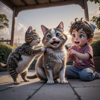 Create images of childrens playfully playing with cheerful cats in different environments, capturing their cuteness and happiness. Show the diversity of cat species, in gardens, homes to beautiful natural and family environments, highlight the love that these children feel for their cats. (childrens playfully playing with cheerful cats), cats, Children boys, children girls,
Super realistic 8k HDR photographic cinematic image, super detailed, super high quality image, masterpiece, Standard lens. Golden hour lighting. 8k, UHD, intricate detailed, highly detailed, hyper-realistic,round animal