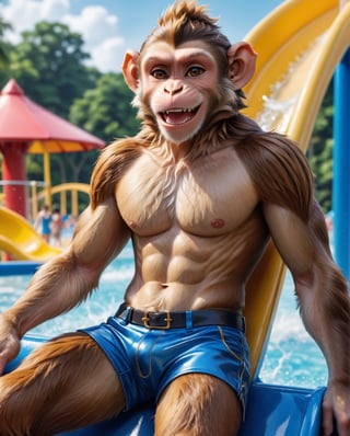 artwork (Highest Quality, 4k, masterpiece, Amazing Details:1.1), (( Anthro furry male monkey)) realistic fur, detailed fur texture, enjoying spanking on a slide at a water park. deep eyes, ((vacation clothes, pants)), Shallow depth of field, E671, 50 mm f/2.0 lens, thin eyebrows, ((photorealistic) (RAW Photo)), smile, key visual , vibrant, studio anime, highly detailed,