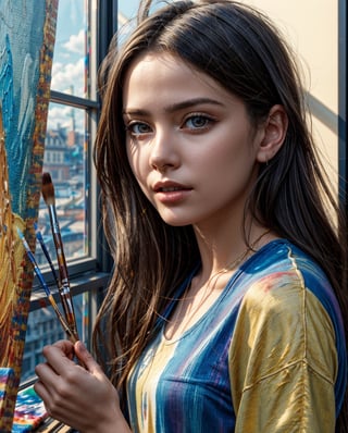1girl, (((beautiful girl painting on a canvas with a small brush, holding a small paintbrush with your hand, simple dress))), focus on painting ans girl, 
(golden hour lighting), (realistic lighting, sharp focus, medium plane), ray tracing, Super realistic photographic cinematic image 8K ULTRA HD HDR, magical photography, super detailed, (ultra detailed), (best quality, super high quality image, masterpiece), standard lens,  dramatic lighting, 8k, UHD, intricate detail, (gradients), comprehensive cinematic, colorful, visual key, highly detailed, hyper-realistic, (very detailed background), delicate details, raw image,