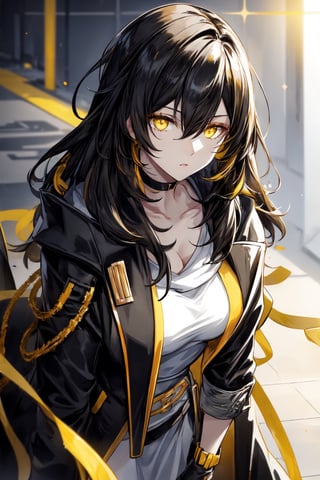 mature female,black coat draped over shoulders,yellow highlights on coat, low cut white t shirt,light glowing from yellow eyes,1 girl,black hair, hair yellow highlights,stelle hsr