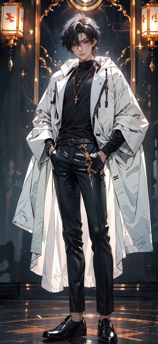 (plain eastern style , masterpiece, best quality, highres:1.3)anime of a full body young male wizard wearing a parka with pale skin, and long black hair. silver eyes, black clothe,