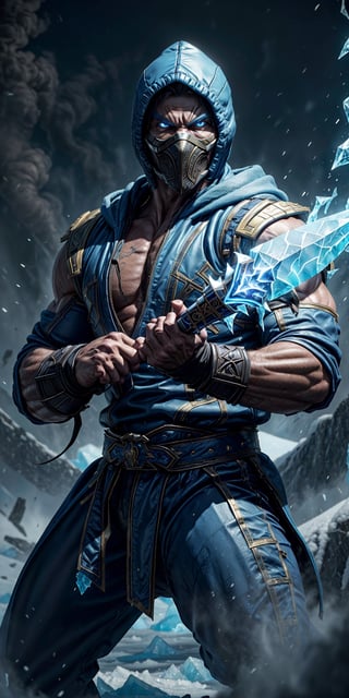 Sub-Zero, a Mortal Kombat game character, with specific elements:

"(Mortal Kombat game character) - Sub-Zero, with his striking, glowing blue eyes and a fearsome, muscular physique. He possesses formidable ice magic powers, and his abilities are deadly. Create a 4K Ultra HDR high-quality image that perfectly captures his menacing appearance.

Place Sub-Zero against a backdrop that combines both fire flames and ice, symbolizing the contrast of his icy powers and the fiery danger he represents. He should be depicted holding a glowing blue ice dagger while wearing his iconic blue hooded outfit.

The image should be a masterpiece that showcases the fusion of his cold, calculated nature and the fiery intensity of battle, creating a stunning visual representation of this iconic character."