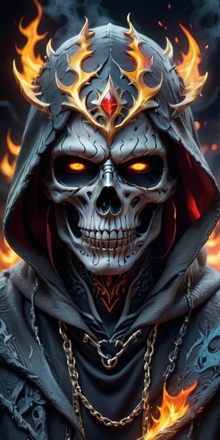 Generate hyper realistic image of  a male figure captivates the viewer with piercing red eyes that seem to flicker like embers. He wears a hood and mask, concealing his identity, with a chain draped across his upper body. Glowing runes accentuate the mystical presence as a cloak billows in an unseen fire. The hood is up, and a subtle skull or skeleton detail adds an eerie touch, creating a captivating image of otherworldly intensity.