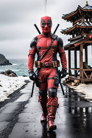The deadpool with Christmas Costumes walking at the end of the world