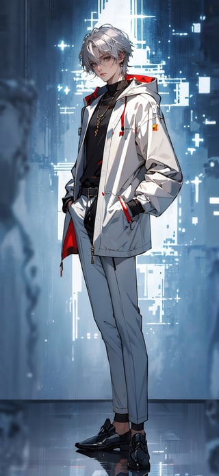 (plain eastern style , masterpiece, best quality, highres:1.3)anime of a full body young male wizard wearing a parka with pale skin, and long black hair. silver eyes, black clothe,
