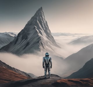 (Minimalist wide angle movie still), man in a futuristic suit, mountains, north nature, muted tones, warm light, cold colors, low contrast, foggy


