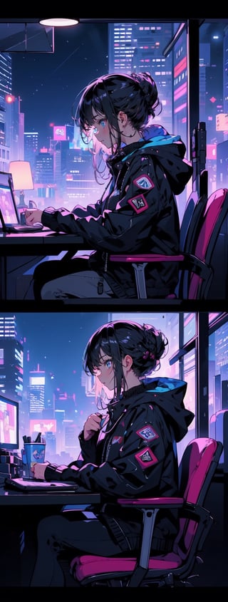 1girl, solo, long hair, bangs, blue eyes, black hair, long sleeves, sitting, jacket, indoors, hood, cup, window, profile, night, chair, letterboxed, building, half updo, city, lamp, cityscape, dark, computer, monitor, skyscraper, city lights