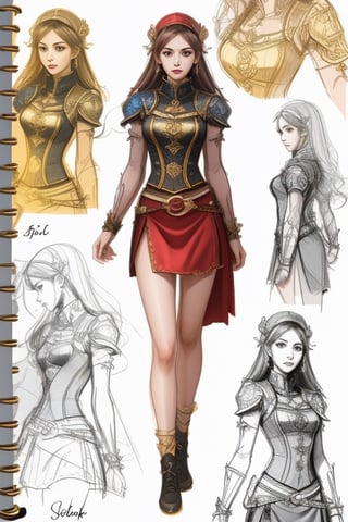 Create a character sheet with World of Fantasy style for high level girl healer, photorealistic style, ((Sketch book style)), (hand drawn), realistic sketch, on paper, bio statistic, (female), short skirt, slim body, priestess outfit, beautiful long hair, knots, dreamlike motion, subtle colors, macro shot, full-body zoomed, playful body manipulations, (rule of thirds composition), Perfect composition golden ratio, live 3D, Yuki, masterpiece, best quality, sharp focus, better hand, perfect anatomy.