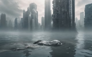 Climate Change Apocalypse: A submerged cityscape, partially submerged under rising tides, with skyscrapers half-drowned and choked by encroaching waters.,ghost person