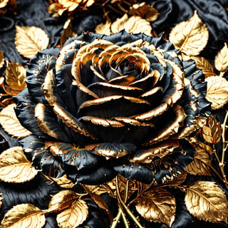 realistic black rose, golden details on petals, high resolution, ultra detailed texture, vibrant contrast, elegant design, by FuturEvoLab, (masterpiece: 2), best quality, ultra highres, original, perfect lighting, rich colors, 