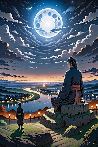 by gerhard munthe tired, ghastly. a beautiful drawing featuring a night sky filled with stars, & a small town in the distance. the drawing is very peaceful & calming 8 k uhd, hashirama senju vs madara uchiha 3 2 feet statue, river, mount, historical place, pilgrims, offerings, visitor, priest, photorealistic, highly details content