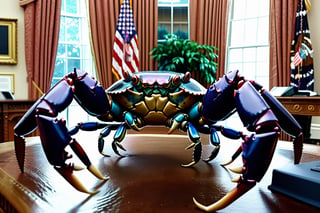 giant crab attacking the oval office, in 2 0 1 2, bathed in the the glow of a crt television, low - light photograph, photography by tyler mitchell car driver view, night, raining, creepy place, penumbra