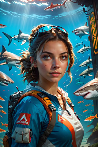 shark as an apex legends character digital illustration portrait design by, mark brooks and brooke shaden detailed, gorgeous lighting, wide angle action dynamic portrait color medium shot portrait of beautiful well-groomed Brazilian 26-year-old woman model, candid street portrait in the style of David Lazar award winning, Sony a7R