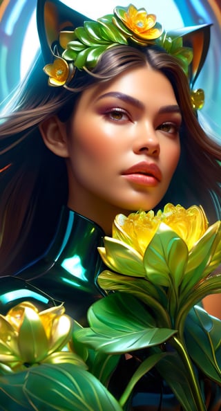 iridescent diaphanous refractive and reflective crystal flower bouquet, verdant, lush, overgrown, fantasy, intricate, elegant, highly detailed, digital painting, artstation, concept art, matte, sharp focus, illustration, hearthstone, art by artgerm and greg rutkowski and alphonse mucha weta disney pixar movie still portrait photo of mila kunis, zendaya : : as catwoman by pixar : : by weta, greg rutkowski, wlop, ilya kuvshinov, rossdraws, artgerm, marvel, maxim magazine cover, rave otufit, unreal engine, sweaty, iridescent, bright morning, anime, : :